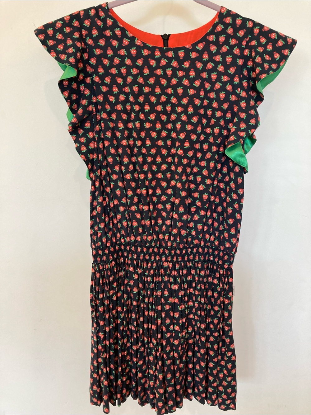 Paul Smith Girls Black Strawberry Print Dress with Green Ruffle Trim, Size 10